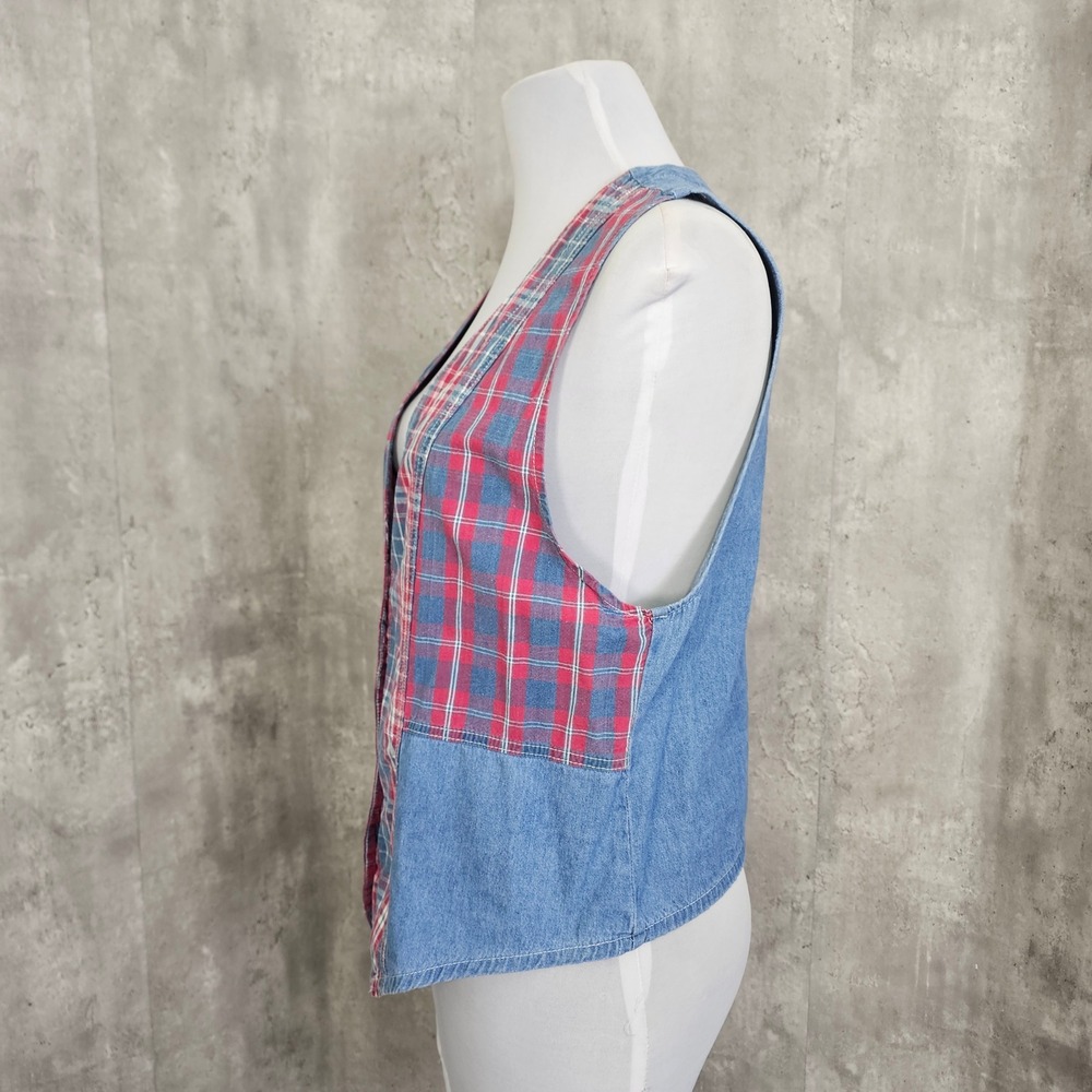 Vintage Stampede Denim Plaid Vest USA 90s Western Patchwork Button L - Picture 4 of 7